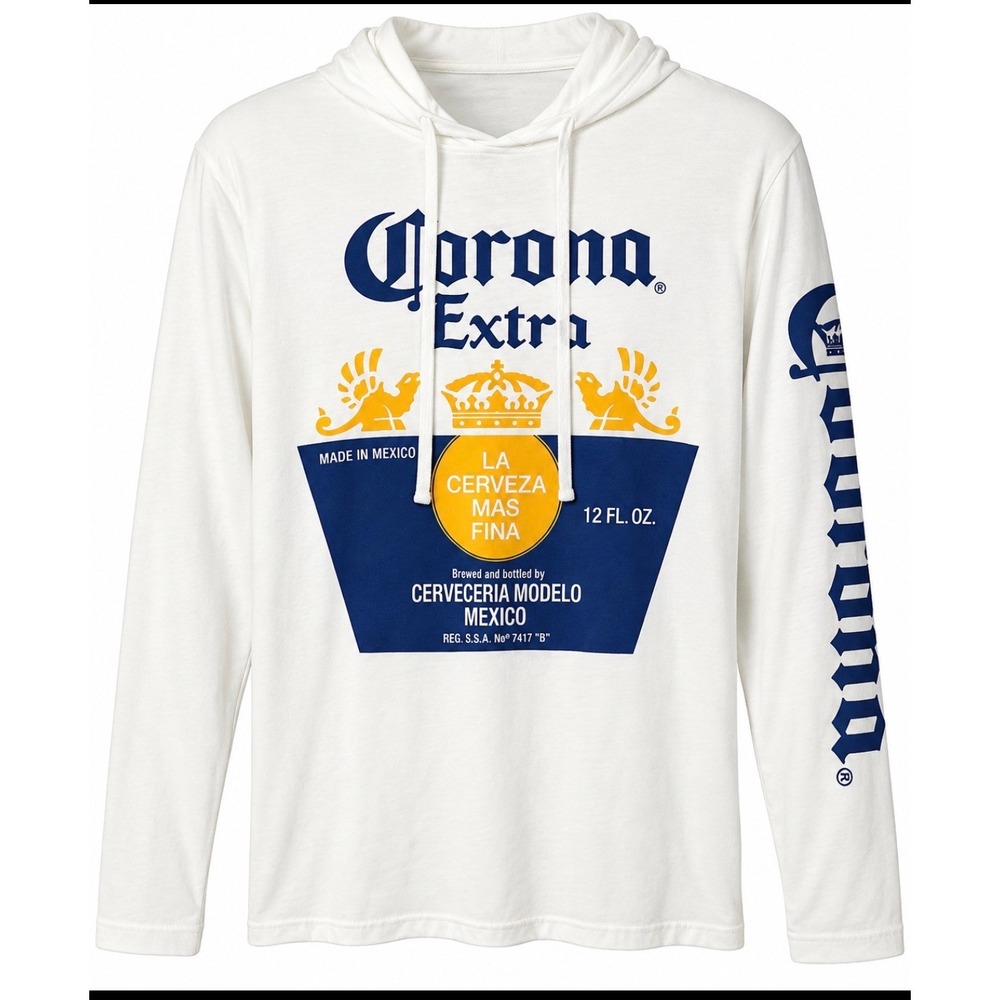 Corona Extra Hoodie Men's Medium White Graphic Long Sleeve Beer Label
